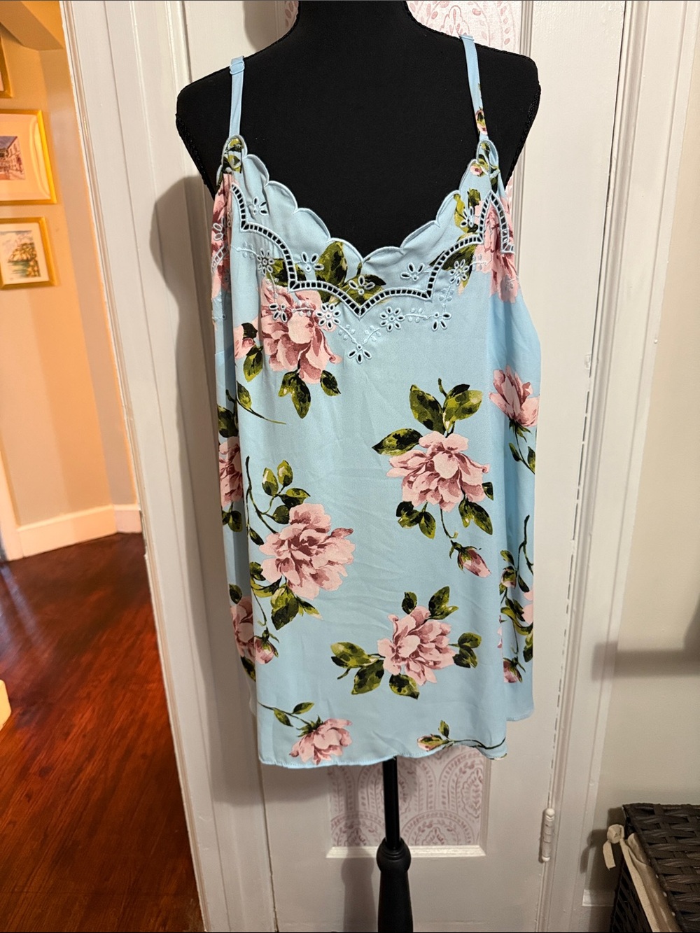 Floral Lace-Trim Light Blue Tank Top